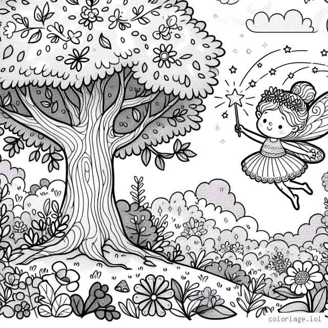 Une jolie petite fée dans un jardin magique, entourée de fleurs aux mille couleurs et d'animaux enchantés. Elle est en train de voler vers un arbre ancestral, d'un âge inconnu, tenant une baguette magique qui étincelle avec la magie des fééries.