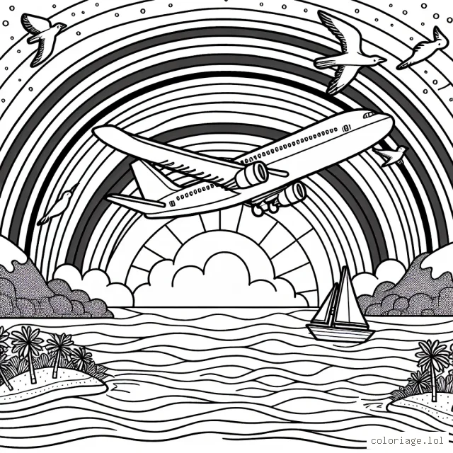 Un avion volant haut à travers un arc-en-ciel, avec des oiseaux le rejoignant dans le ciel bleu éclatant. Plus bas, une île pittoresque embrassant la mer scintillante de mille couleurs.