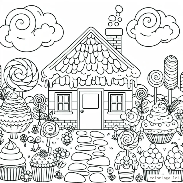Dessine une grande maison en forme de gâteau au chocolat entourée d'un jardin sucré rempli de plantes faites de bonbons et de glaces. N'oublie pas le chemin de gâteaux qui mène à la porte et les nuages de coton sucré dans le ciel!