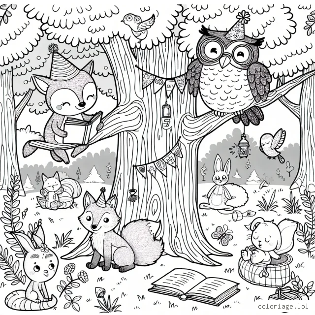 Dans la forêt enchantée, tu trouveras de nombreuses créatures amusantes et petits animaux. Dessine des animaux comme un écureuil qui porte un chapeau de fête, une chouette qui lit un livre, un renardeau qui joue à cache-cache et un lapin qui dort sous un grand arbre. N'oublie pas de colorier la forêt autour d'eux!
