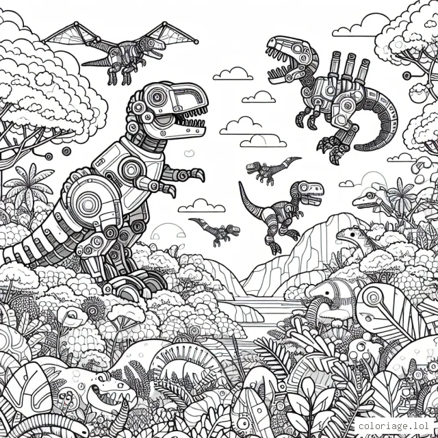Imagine un monde où les dinosaures cohabitent avec les robots, colore ce paysage dense et excitant. Tu découvriras un T-rex robotisé jouant avec un tricératops, des raptor mécaniques volant dans le cièl et plein d'autres espèces de dinosaures robotisés à découvrir!