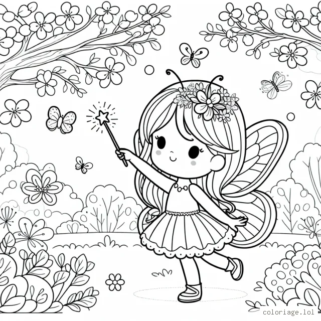 Une petite fée papillon avec sa baguette magique dansant dans un jardin fleurissant au printemps