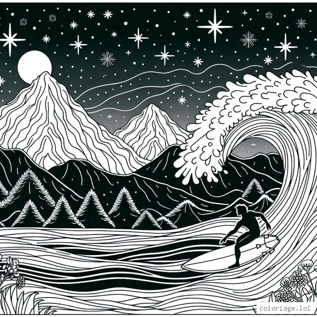 Surfeur audacieux sur une vague géante, avec des montagnes magnifiques et un ciel étoilé en arrière-plan.