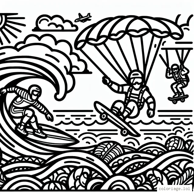 Dessine un surfeur haut dans les vagues, un skateur effectuant une figure périlleuse et un parachutiste se préparant à atterrir. N'oublie pas de donner vie à la scène avec des couleurs vives et des détails intéressants!