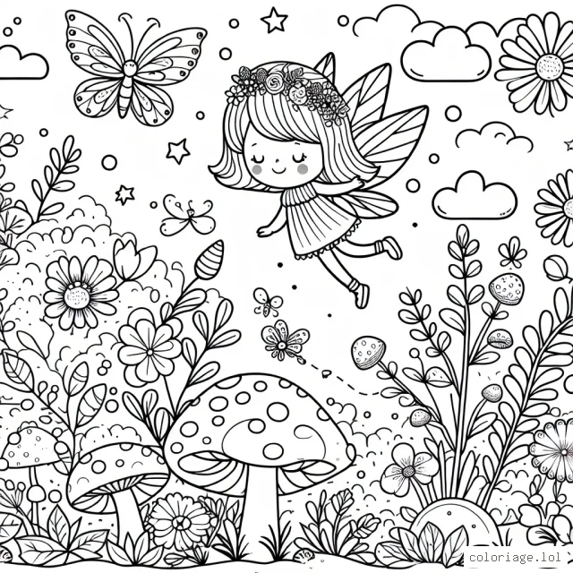 Un jardin féerique avec une petite fée volant parmi les fleurs, les champignons et les animaux mignons