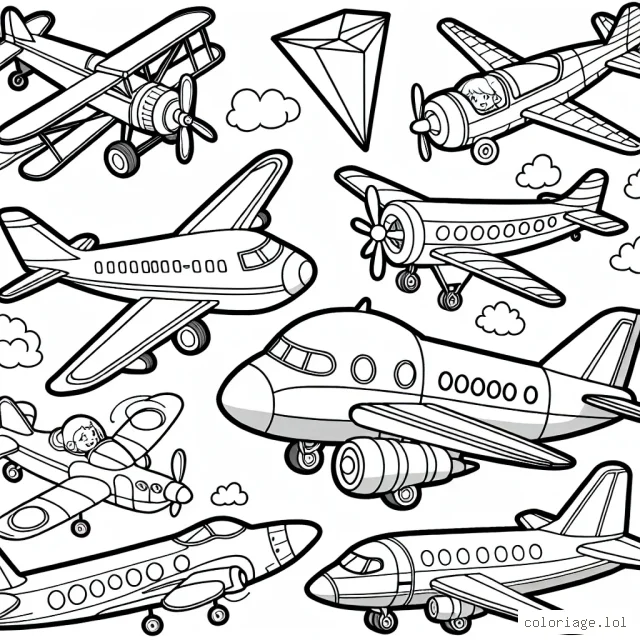 Prépare-toi pour un merveilleux voyage à travers les cieux avec cet avant-projet de coloriage sur le thème des avions ! Avec une variété d'avions en papier, de jets de combat, d'avions de ligne, et même un avion de dessin animé souriant, il y a beaucoup d'images amusantes à colorier pour les enfants de tous âges.