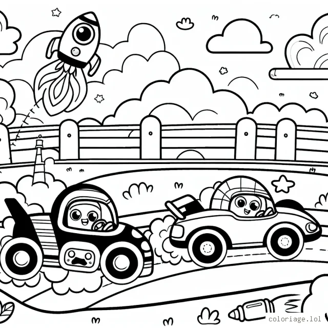 Dessine une course de voitures animées avec des expressions faciales rigolotes.