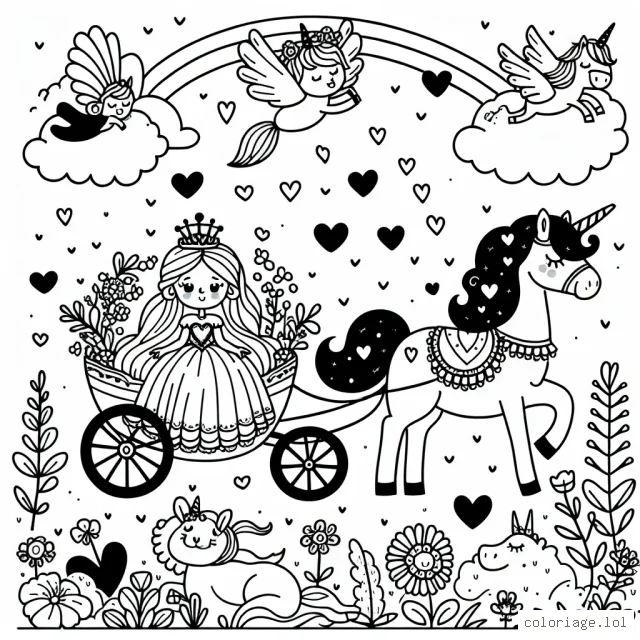 Représente une princesse assise dans un chariot tiré par des licornes volantes au milieu de nuages en forme de coeur, d'animaux et de fleurs exotiques.