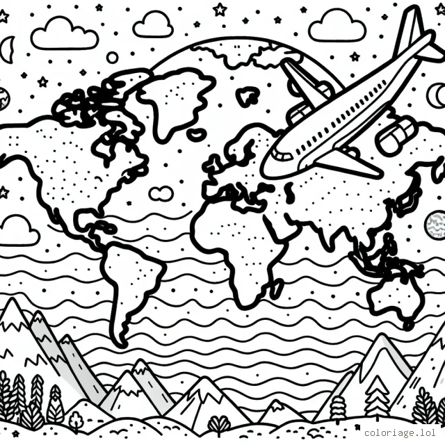 Un avion survolant la terre avec différentes zones géographiques (montagnes, forêts, océans et déserts)