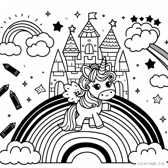 Il était une fois une petite licorne aux nombreuses couleurs, nommée Étoile Étincelante, qui vivait dans un château de nuages colorés au-dessus d'un arc-en-ciel lumineux. Elle aimait sauter et danser toute la journée avec ses amis les petits oiseaux arc-en-ciel.