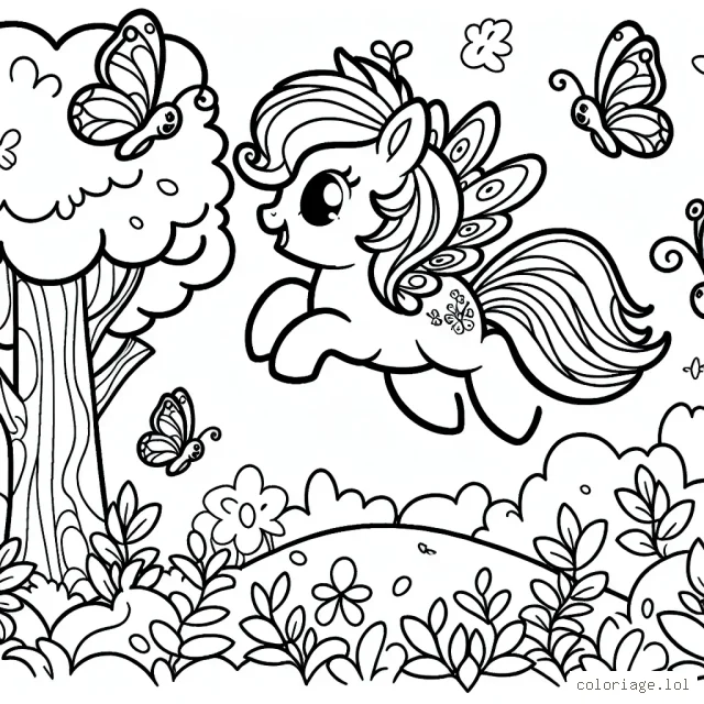 Un poney magique gambadant dans une forêt enchantée avec des papillons multicolores.