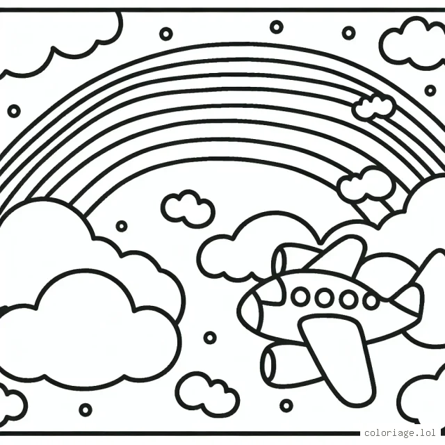 Dessine un avion au-dessus des nuages avec un arc-en-ciel derrière lui.