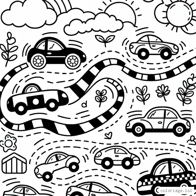 Dessine des voitures de différentes formes et tailles en train de faire la course sur une piste animée