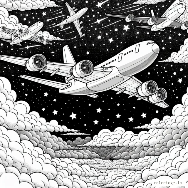 Le ciel étoilé est calme et paisible avec des nuages doux et moelleux. Au premier plan, il y a un grand avion qui vole haut dans le ciel. Il est rempli de détails fascinants comme des ailes majestueuses, des turbines puissantes et une cabine de pilotage complexe. Il y a même des passagers joyeux regardant par les fenêtres. Dans le lointain, quelques autres avions plus petits peuvent être vus, ajoutant de la profondeur et de l'intrigue. Allez-vous les colorier avec des couleurs réalistes, ou allez-vous utiliser votre créativité pour les rendre aussi colorés que possible?