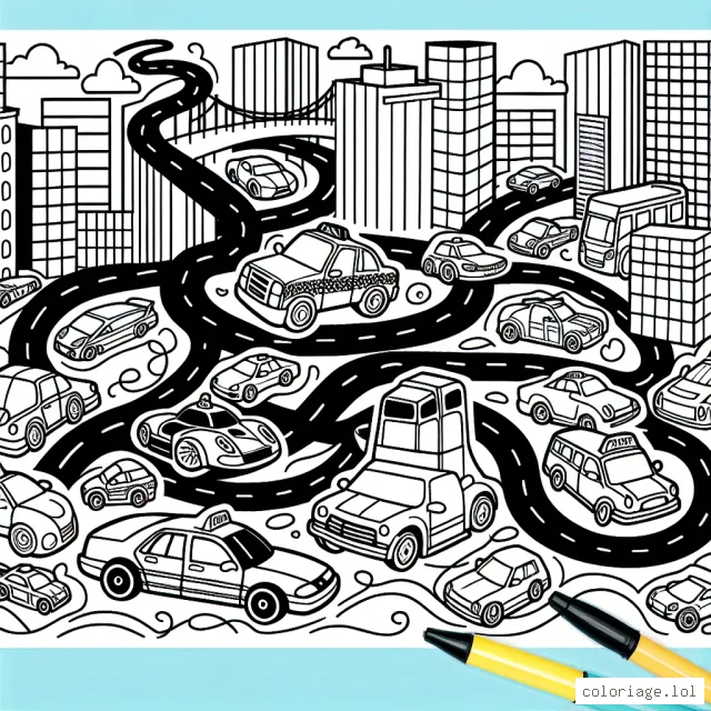Une multitude de voitures virevoltent dans un paysage urbain. Des taxis new-yorkais jaunes lumineux, des voitures de course éclatantes, des limousines élégantes et des camionnettes colorées encombrent les rues animées.