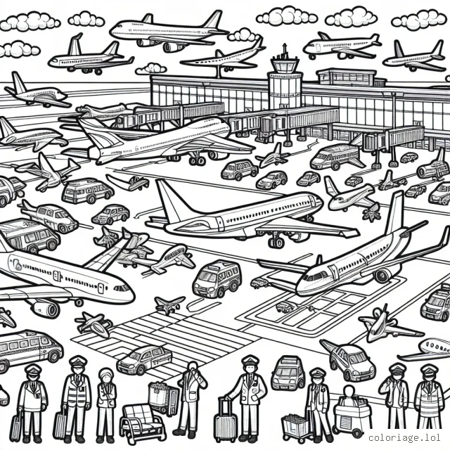 Sur ton dessin, il y a un aéroport très fréquenté avec différents types d'avions. On y voit des avions de ligne, des jets privés et même un hydravion. Il y a aussi de nombreux pilotes et le personnel de l'aéroport. N'oublie pas de colorier le ciel et le tarmac !