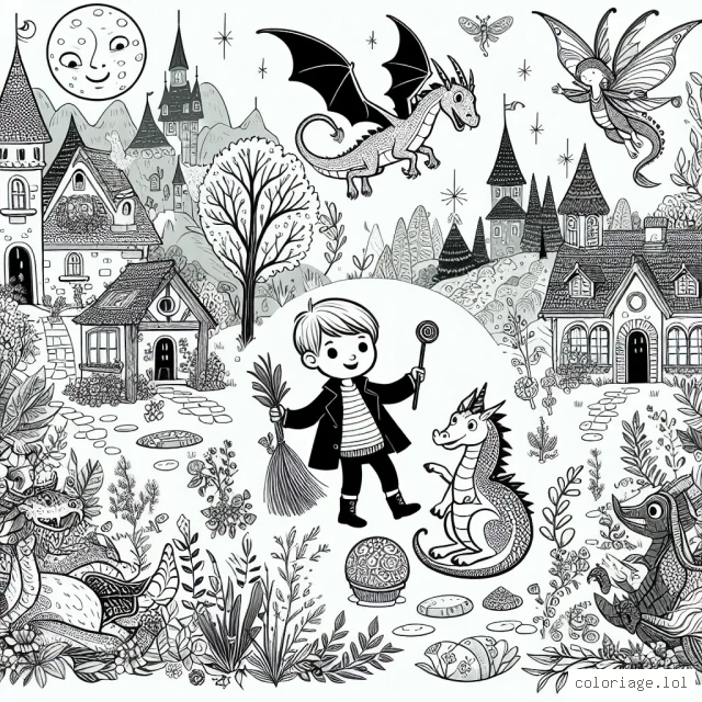 Un petit garçon traversant un village fantastique rempli de créatures magiques telles que des dragons, des fées, des elfes et des licornes. Tous ces éléments sont dessinés avec des détails minutieux, offrant aux enfants une grande variété de couleurs à utiliser.