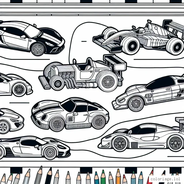 Des voitures de marques différentes sont alignées sur un terrain de course. On y trouve une Aston Martin, une Porsche, une Mercedes, une Bugatti et une Ford. Elles sont toutes éteintes, prêtes à être coloriées avec vos couleurs préférées!