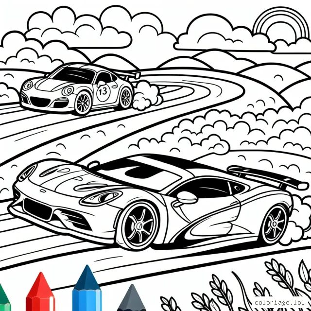 Dessine une course passionnante entre une voiture de sport rouge flambant neuve et une voiture de course bleue virevoltant à travers les collines