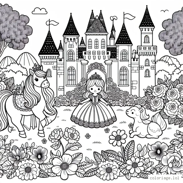 Dessinez une princesse dans son luxueux château, entourée de ses adorables amis animaux dans un magnifique jardin rempli de fleurs colorées.