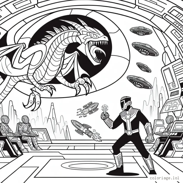 Dessine un superhéros jouant avec un dragon dans un pays de merveilles futuriste.