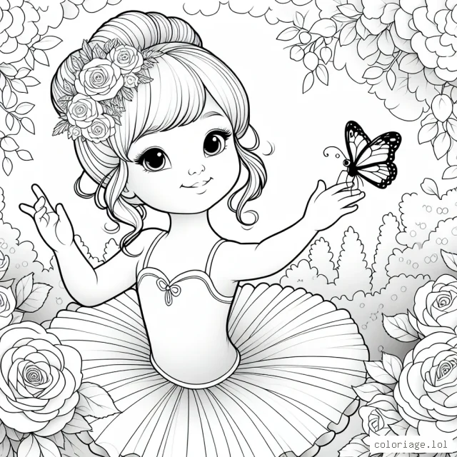 Une jeune fillette danseuse de ballet en tutu, avec un joli papillon assis sur son doigt, elle se trouve dans un beau jardin fleuri rempli de roses.