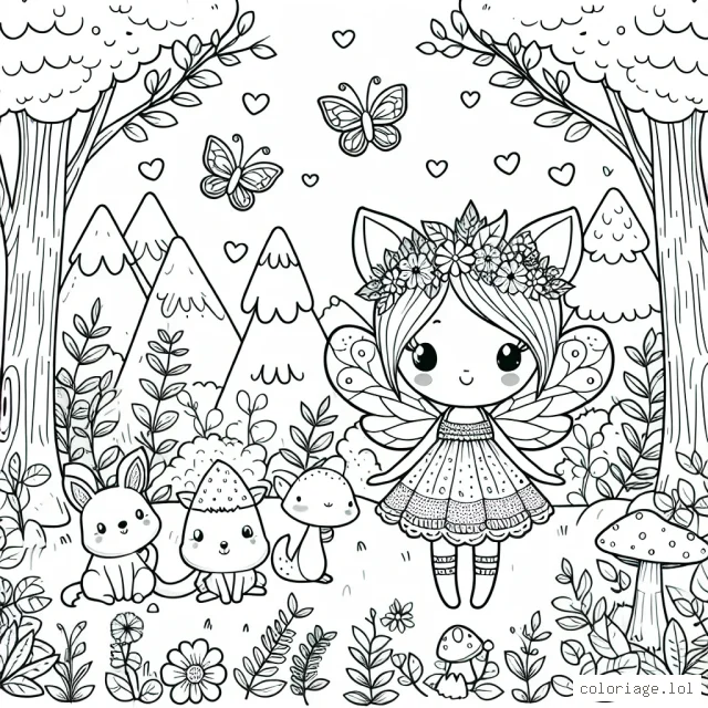 Imagine une jolie petite fée, entourée de ses amis les animaux de la forêt, dans un décor enchanté. La fée porte une robe qui change de couleur avec les saisons. Autour d'elle, il y a des arbres, des plantes, des fleurs et des champignons que tu peux colorier.