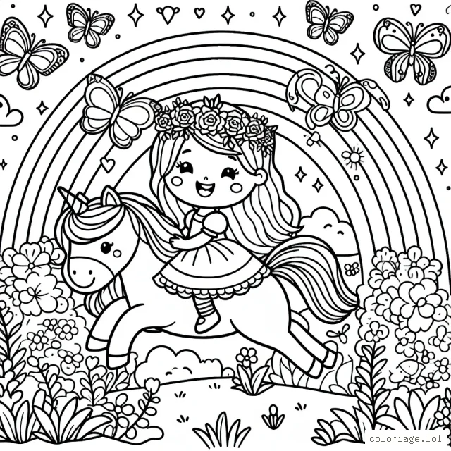 Une petite princesse s'amuse dans un jardin féérique rempli de licornes et de papillons multicolores.