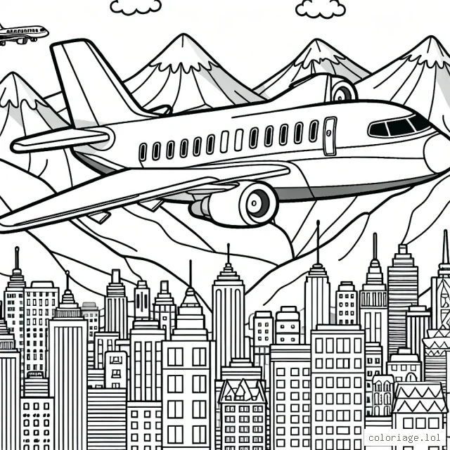 Dessine un avion à réaction survolant une ville animée, avec des montagnes à l'arrière-plan. L'avion doit avoir de nombreux détails pour colorer, comme le logo d'une compagnie aérienne sur l'aile et les vitres du cockpit. La ville doit avoir des bâtiments colorés de différentes formes et tailles. Les montagnes doivent avoir différentes strates pour montrer des pics sombres et une base plus claire.