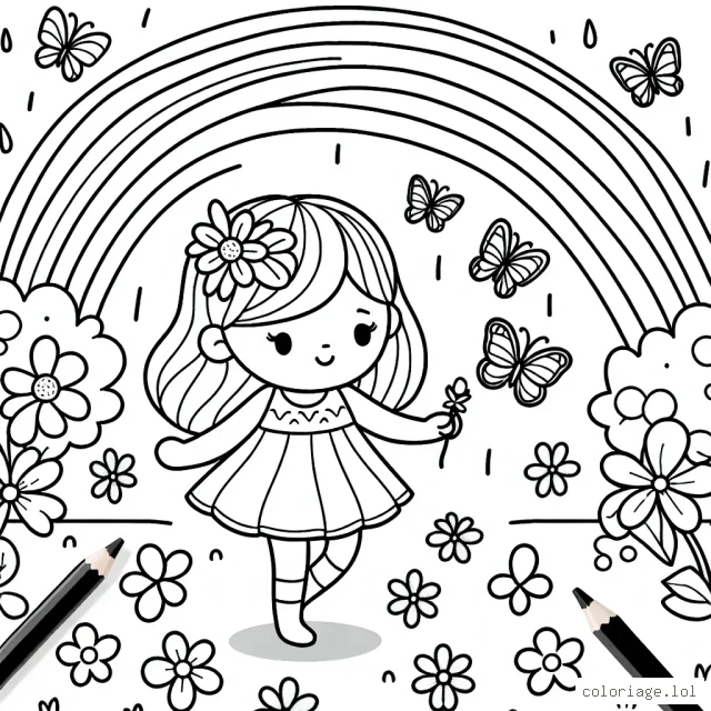 Une petite fille joue avec des papillons dans un jardin fleuri sous un arc-en-ciel