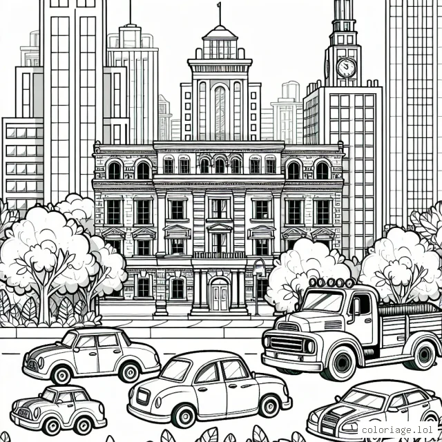 Imagine un coloriage avec plusieurs types de voitures garées dans un paysage urbain avec des immeubles et des arbres autour.