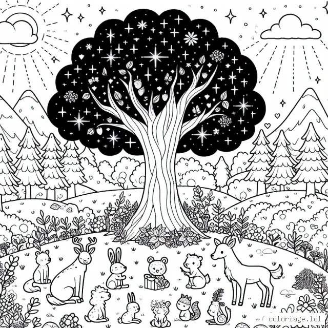 Un paysage féerique composé d'une grande forêt enchantée avec différents animaux qui discutent autour d'un arbre majestueux plein de fruits étincelants.