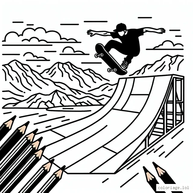 Dessine un incroyable skateur réalisant un saut vertigineux sur une rampe géante