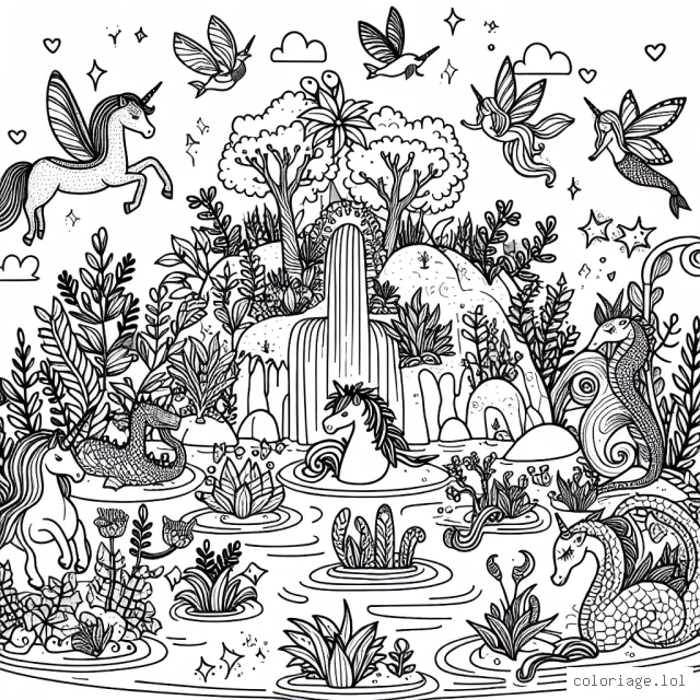 Imagine et dessine une île secrète peuplée d'animaux fantastiques tels que des licornes, des dragons, des fées et des sirènes. Il y a aussi des plantes magiques qui poussent sur cette île. Décore toute l'île avec tes couleurs préférées et donne vie à ce magnifique monde imaginaire.