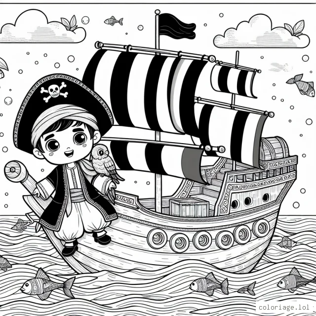 Un petit garçon pirate vogue sur l'océan sur son grand bateau, avec un perroquet coloré sur son épaule. Il a une carte au trésor à la main, et dans l'eau tout autour, tu peux voir les poissons, l'océan et un trésor.