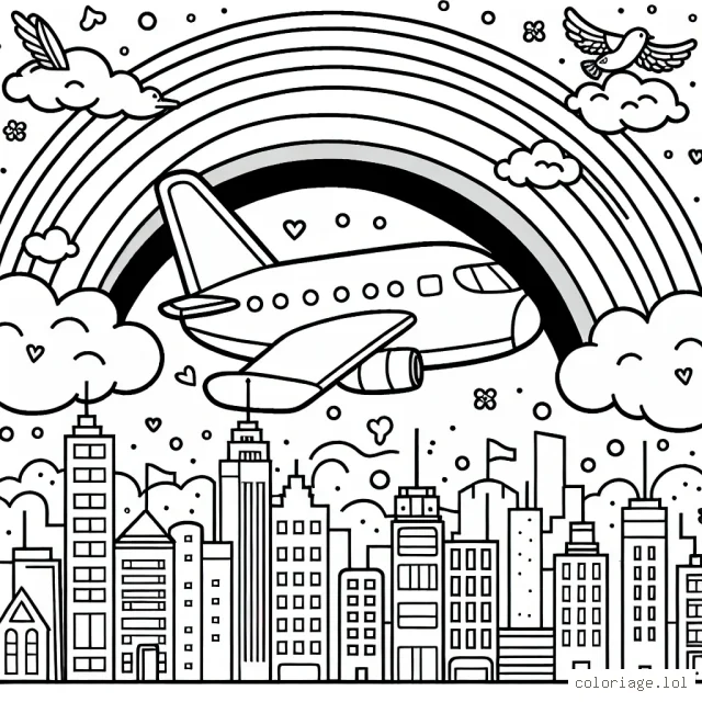 Un avion vole haut dans le ciel avec un arc-en-ciel sur le fond. L'avion porte des décalcomanies de formes variées en attente d'être colorées. Autour de l'avion, des oiseaux découpés dans le ciel sont également prêts à être colorés. Des nuages flottants, à la fois sur l'avion et l'arc-en-ciel, sont prêts à être remplis de couleur. L'avion survole une grande ville avec des gratte-ciel et des maisons de différentes formes et tailles autour de l'avion qui peuvent être colorées de manière créative.