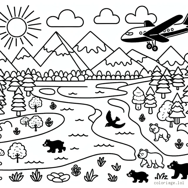 Crée un coloriage avec un avion volant au-dessus d'un paysage varié, comportant des montagnes, des arbres et un cours d'eau. Le dessin doit aussi inclure divers animaux, comme des ours et des oiseaux, qui habitent cette région.