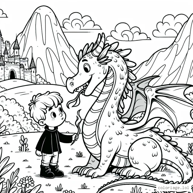 Un petit garçon joue avec un dragon amical dans un paysage de montagnes verdoyantes, avec un château en arrière-plan. Le dragon a des ailes grandes et puissantes, une longue queue touffue et respire le feu.