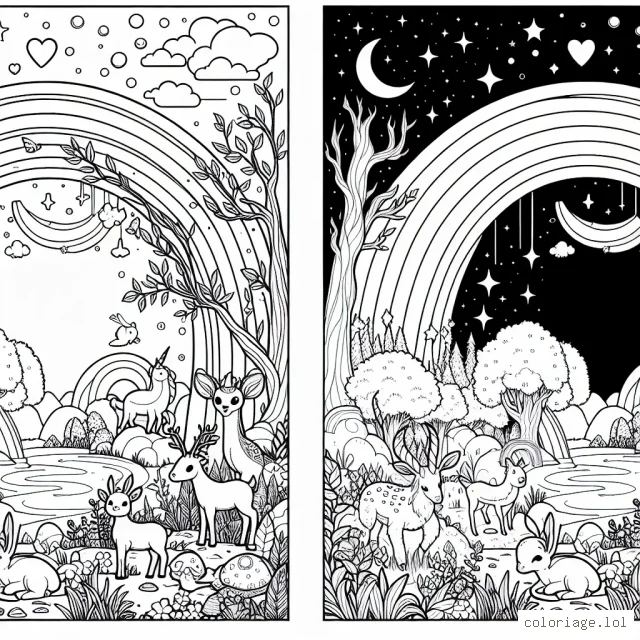 Imagine un paysage enchanté peuplé d'animaux magiques sous un arc-en-ciel brillant.