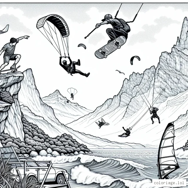 Dans cette scène, des athlètes réalisent des performances spectaculaires dans plusieurs sports extrêmes. Au centre, un skateur réalise un saut impressionnant sur une ramp, pendant qu'un kite-surfer parvient à se hisser haut dans les airs au-dessus de l'eau, à droite. À gauche, un alpiniste semble défier les lois de la gravité en grimpant sur une falaise vertigineuse. En arrière-plan, on peut voir un parachutiste et un wingsuiter volants dans le ciel bleu.