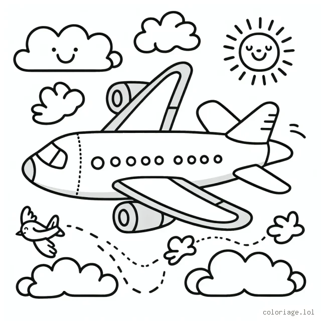 Sur une feuille blanche, tracez un grand avion qui est en plein vol dans le ciel. Ajoutez-y également des petits nuages, un soleil souriant et des oiseaux qui volent avec l'avion. N'oubliez pas les détails de l'avion tels que les ailes, les réacteurs et les fenêtres.