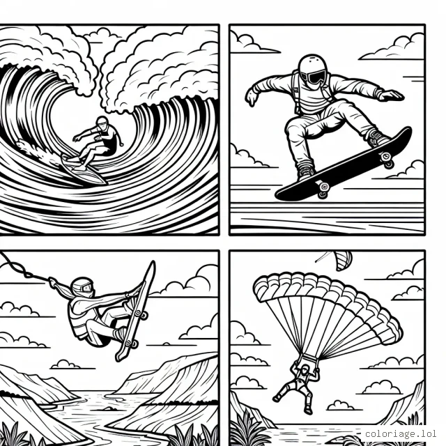 Dessine un surfer audacieux chevauchant une grande vague, un skater professionnel faisant une figure impressionnante sur une rampe et un parachutiste en plein vol vue d'en haut