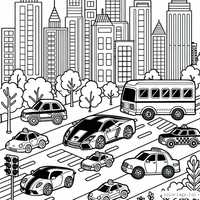 Dessine une course de voitures incroyable en pleine ville avec plusieurs modèles de voitures, dont des voitures de sport, des fourgonnettes et des taxis ! N'oublie pas les détails de la ville comme les bâtiments, les feux de signalisation, les arbres et les passants.