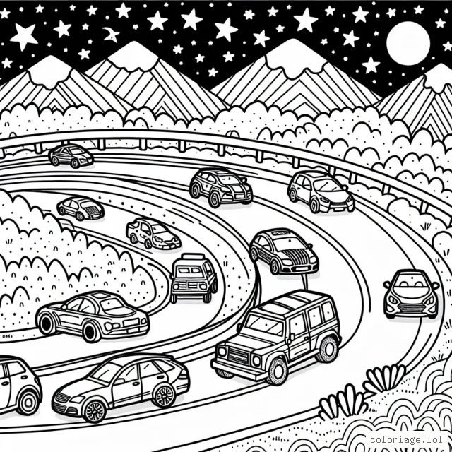 Dessine une scène animée avec des voitures de différents styles et couleurs, parcourant une route sinueuse à travers des montagnes, avec un ciel étoilé en arrière-plan.