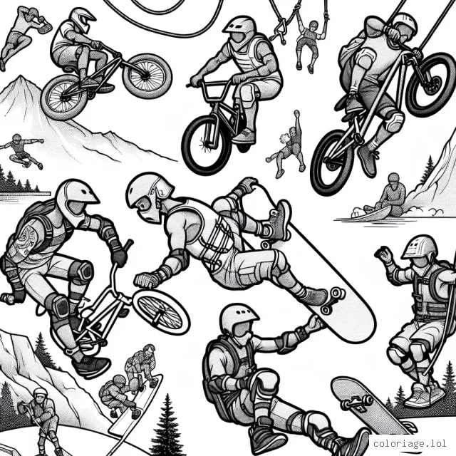 C'est un jour ensoleillé dans le parc d'attractions extrêmes. Nous pouvons y voir des sportifs faire du BMX, du skateboard, du surf, de l'escalade et du saut à l'élastique. Chaque sportif porte des équipements colorés et des expressions d'excitation se lisent sur leurs visages pendant qu'ils effectuent leurs tours et leurs figures.