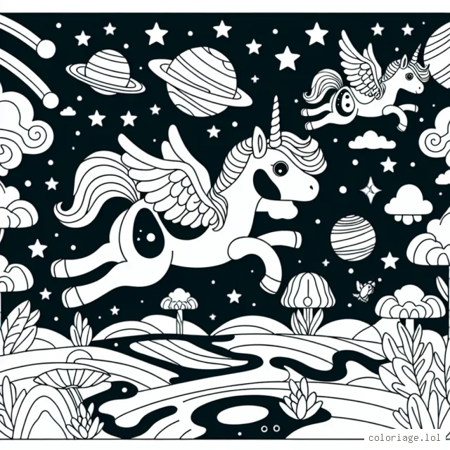 Créez un coloriage fantastique avec des licornes volantes dans un paysage extraterrestre