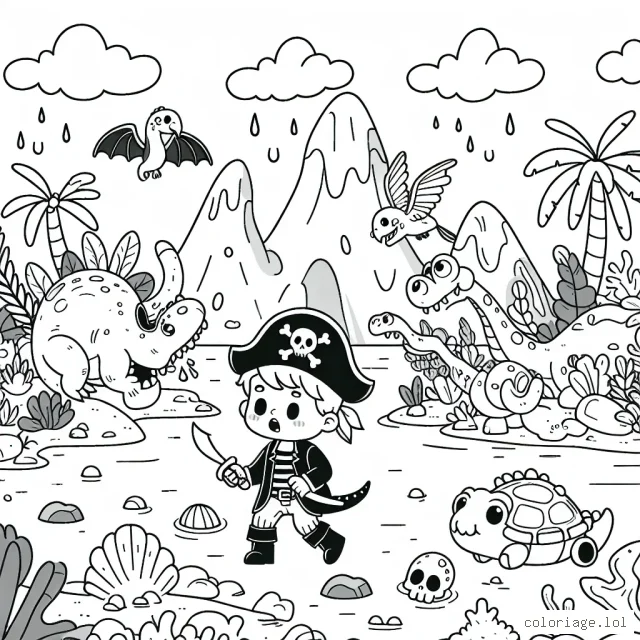 Un petit garçon en costume de pirate explore une grande île mystérieuse peuplée de créatures exotiques.