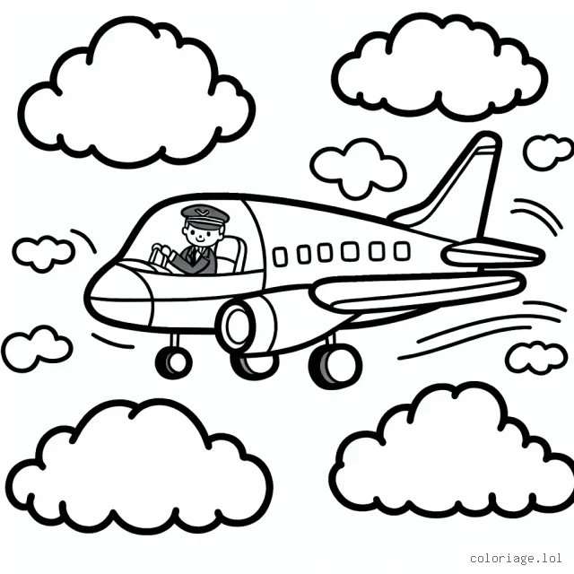 Avec votre imagination, coloriez un avion de ligne se préparant pour le décollage, le pilote est visible dans le cockpit et des nuages flottent en arrière-plan.