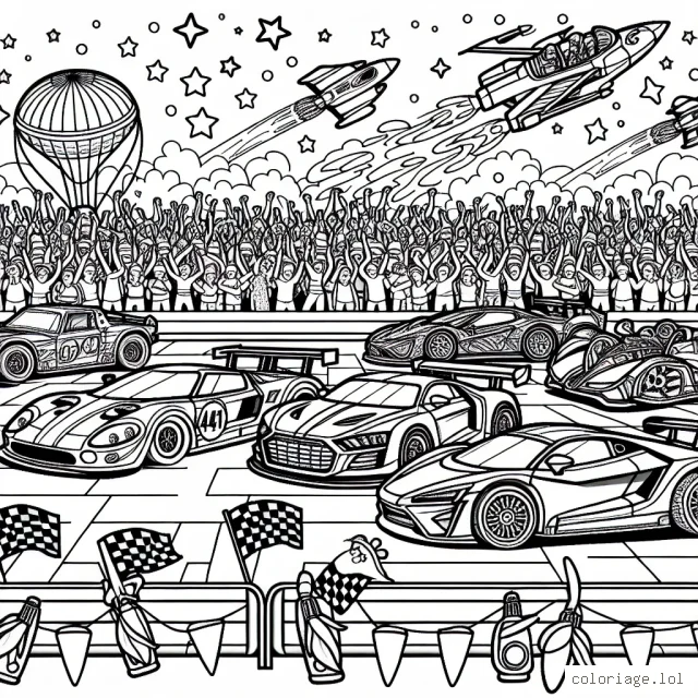 Une grande course de voitures fantastiques se déroule. Devant un public admiratif, différentes voitures uniques et intéressantes s'alignent pour la course. Il y a des voitures de sport ultra-rapides, des voitures classiques élégantes, des voitures futuristes avec des designs cool, et même des voitures fantaisistes avec des ailes et des accessoires uniques. Tout est prêt pour le début de la course passionnante!