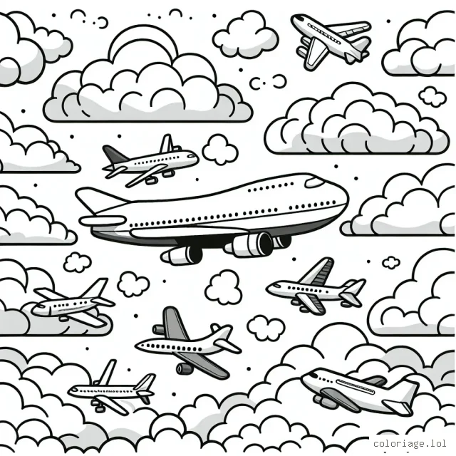 Sur cette feuille, vous verrez un paysage de ciel nuageux agrémenté d'une flotte d'avions dynamiques. Chaque avion a un design unique, du petit jet sportif au grand transporteur de ligne. Votre tâche sera de donner vie à cette scène avec vos couleurs préférées.